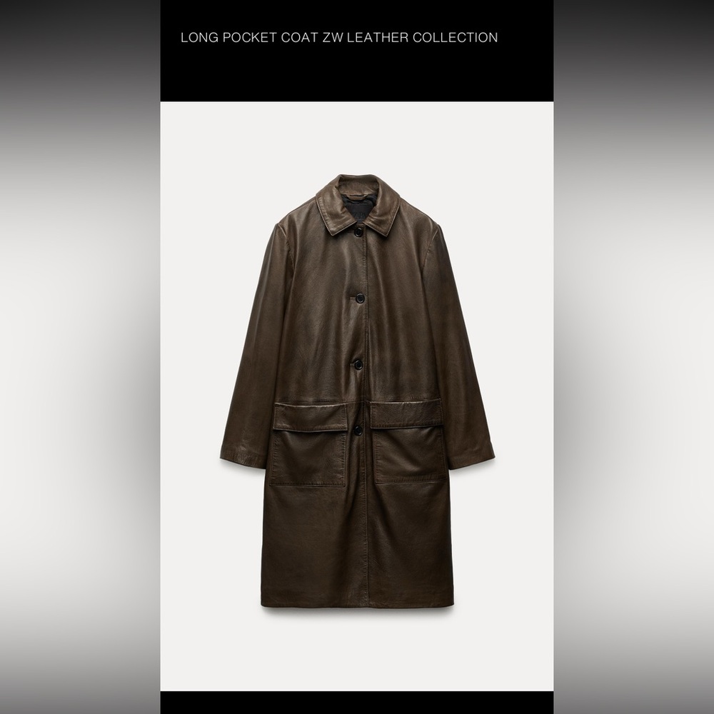 NWT Zara Olive- Brown Genuine Leather Long Trench Jacket Coat M $629
